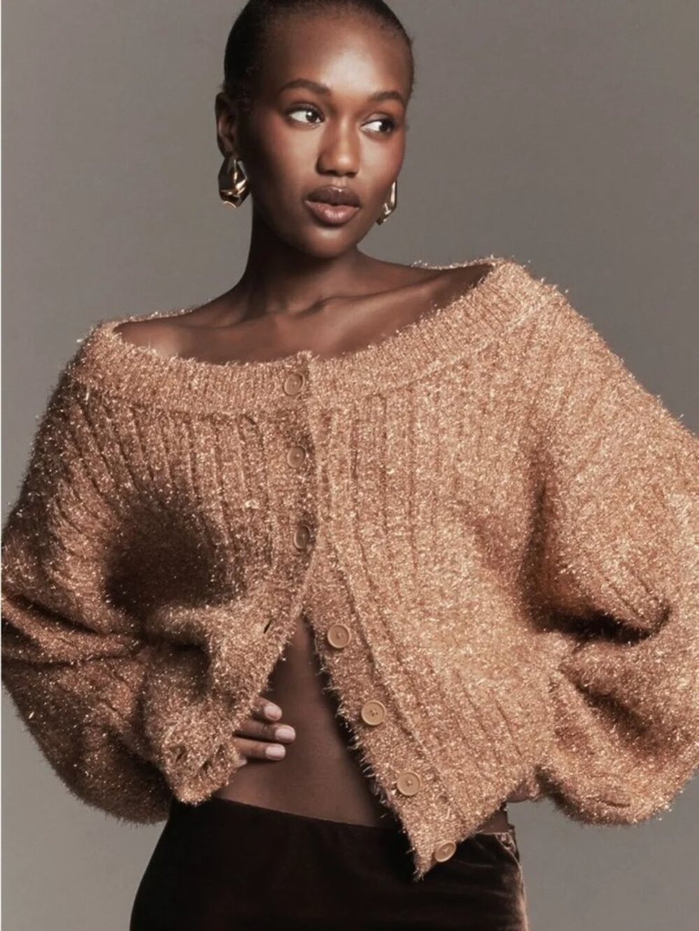 Anthropologie Boat-Neck Tinsel Cardigan Sweater, Mink Blush, XXS
